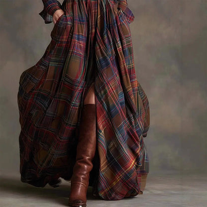 Vintage plaid long maxi shirt for women | Aurora -5