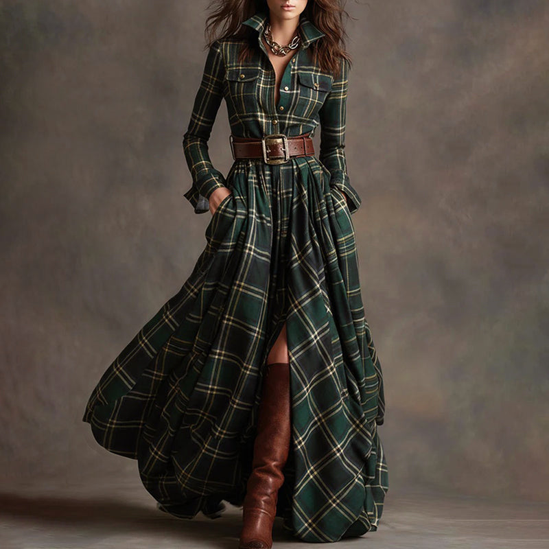 Vintage plaid long maxi shirt for women | Aurora -2