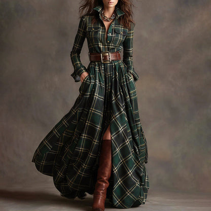 Vintage plaid long maxi shirt for women | Aurora -2