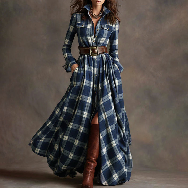 Vintage plaid long maxi shirt for women | Aurora -3