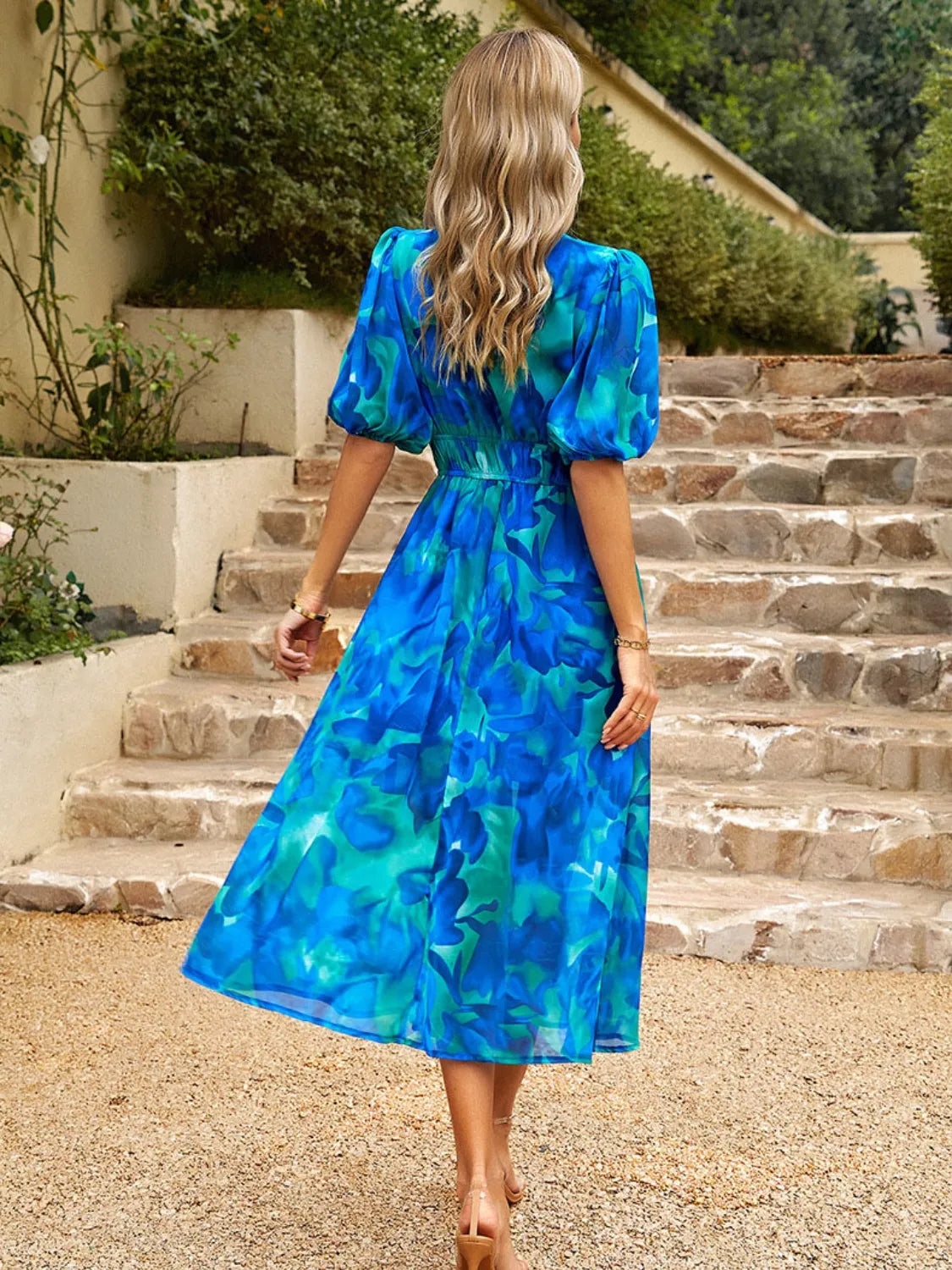 Elegant floral puff sleeve midi dress for women -9