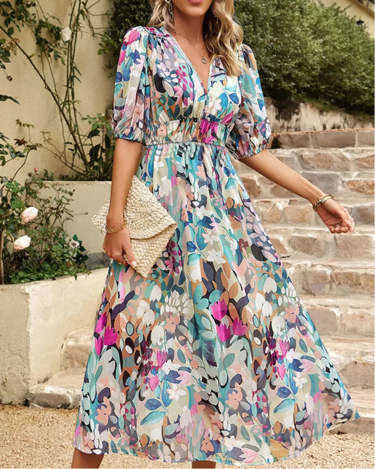 Elegant floral puff sleeve midi dress for women -1