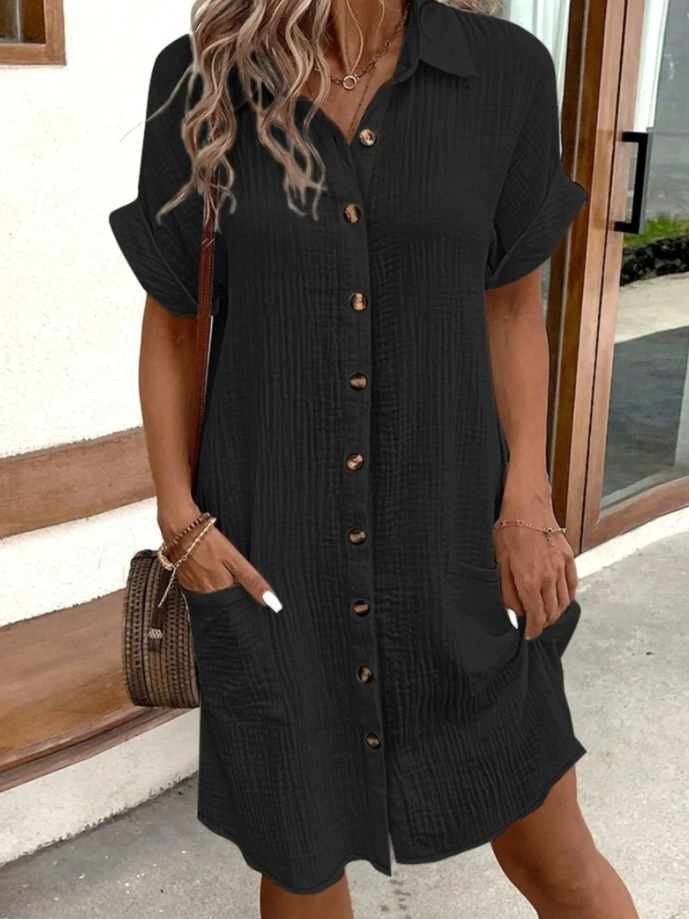 Casual shirt mini dress pockets for women -5