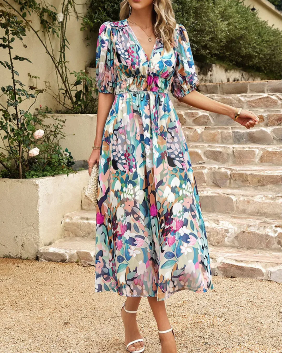 Elegant floral puff sleeve midi dress for women -5