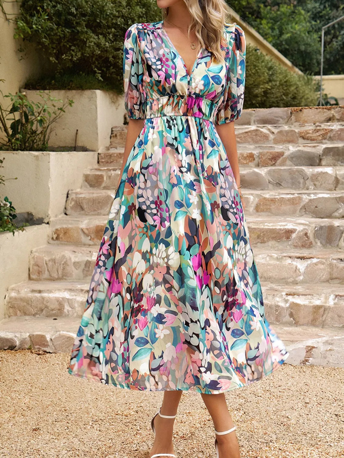 Elegant floral puff sleeve midi dress for women -6