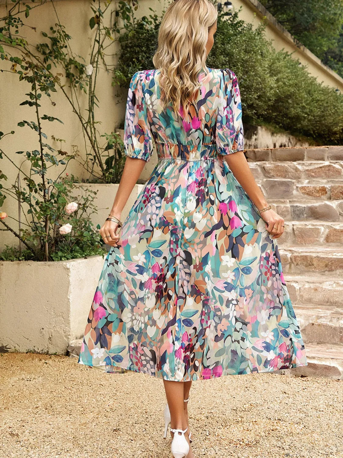 Elegant floral puff sleeve midi dress for women -3
