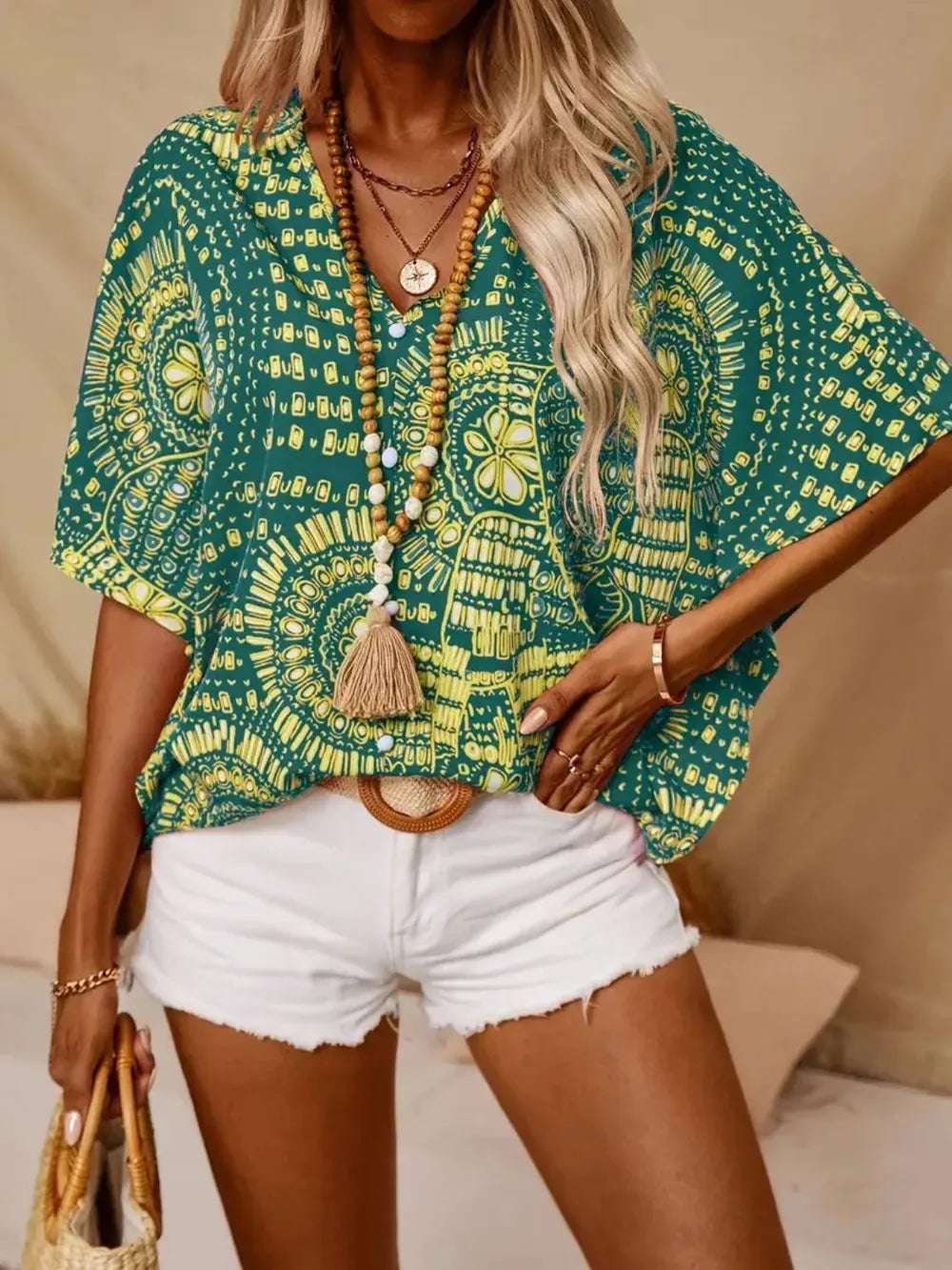 Boho printed V-neck blouse for women -9