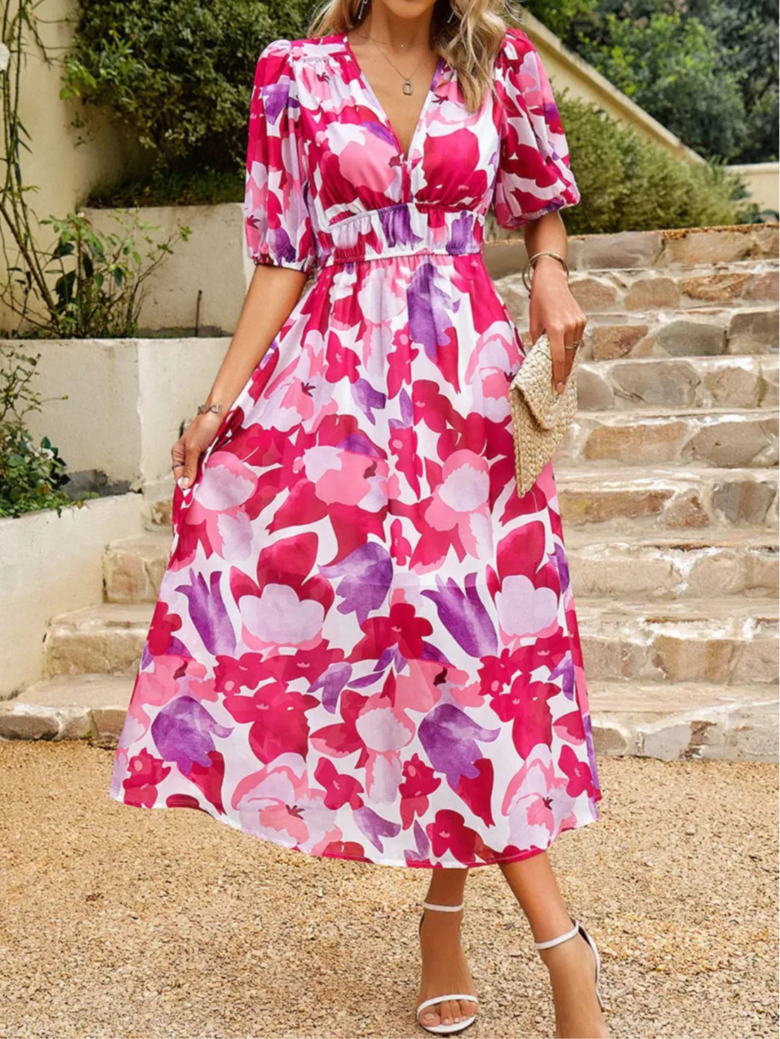 Elegant floral puff sleeve midi dress for women -12