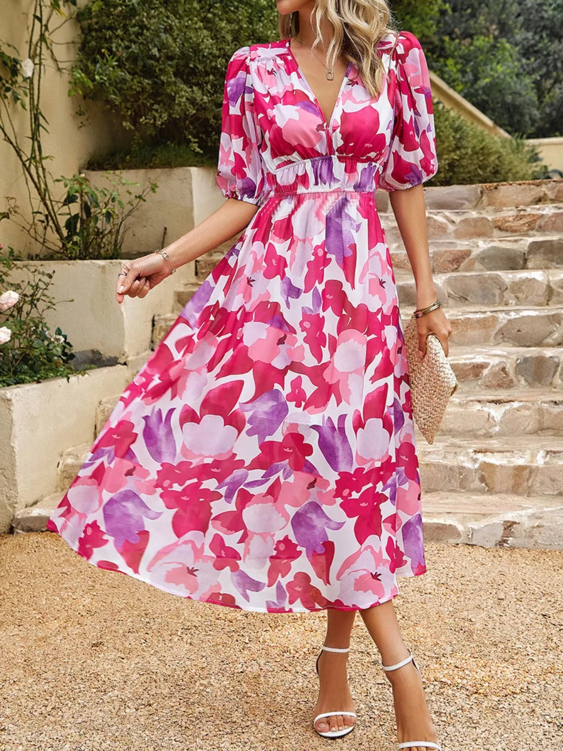 Elegant floral puff sleeve midi dress for women -16