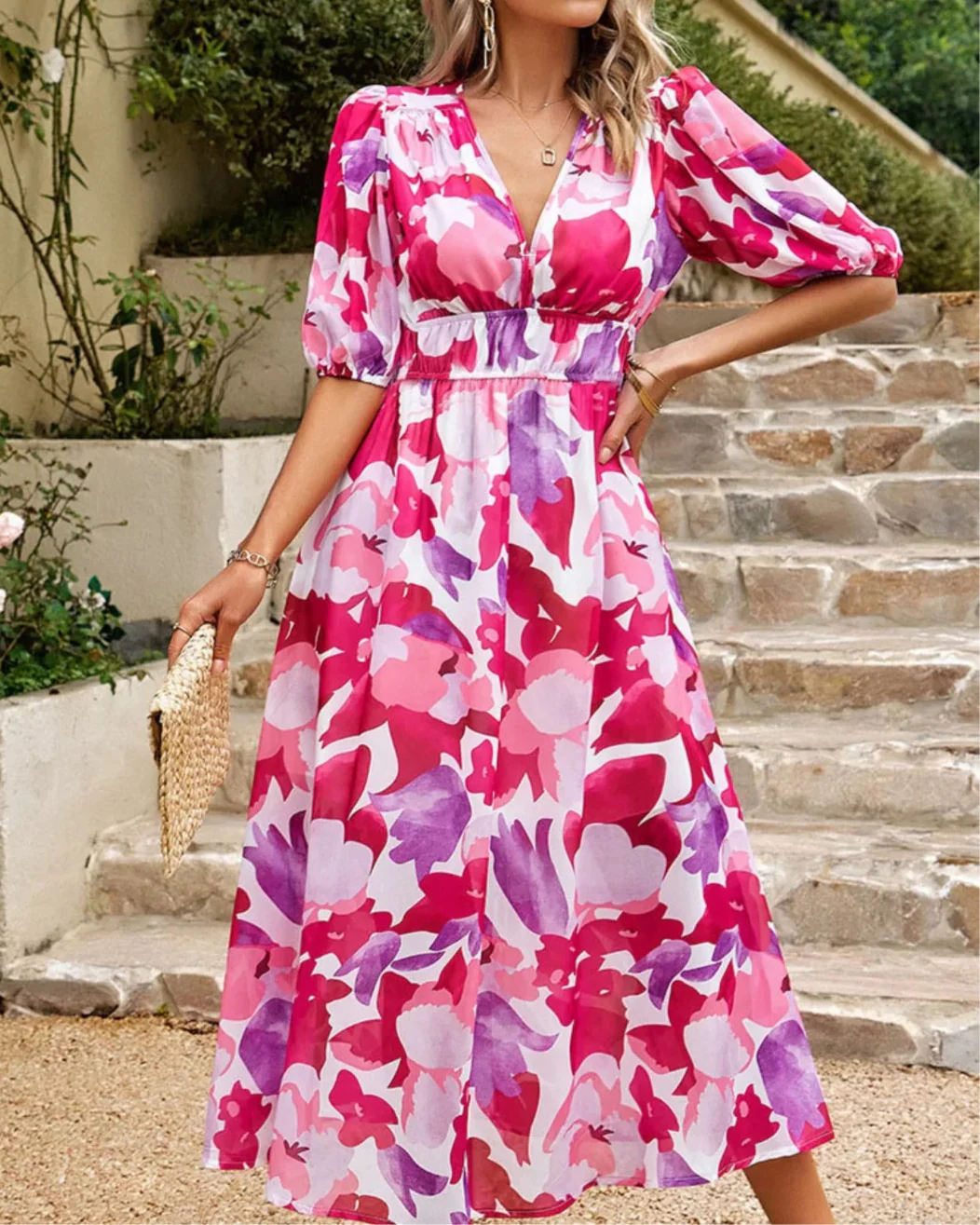 Elegant floral puff sleeve midi dress for women -15
