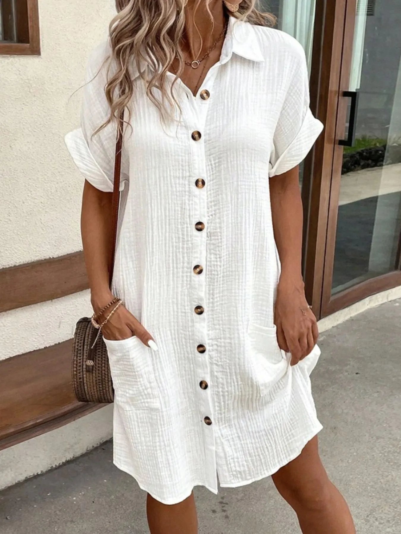 Casual shirt mini dress pockets for women -2