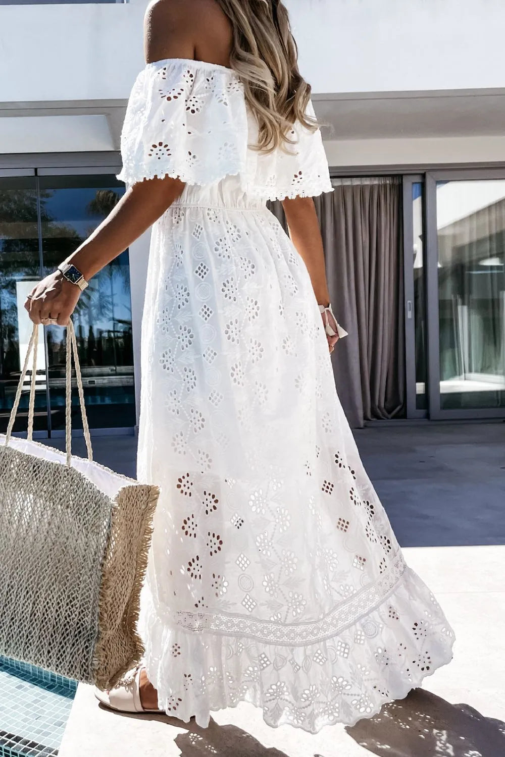 White lace off-shoulder high-low dress for women -3