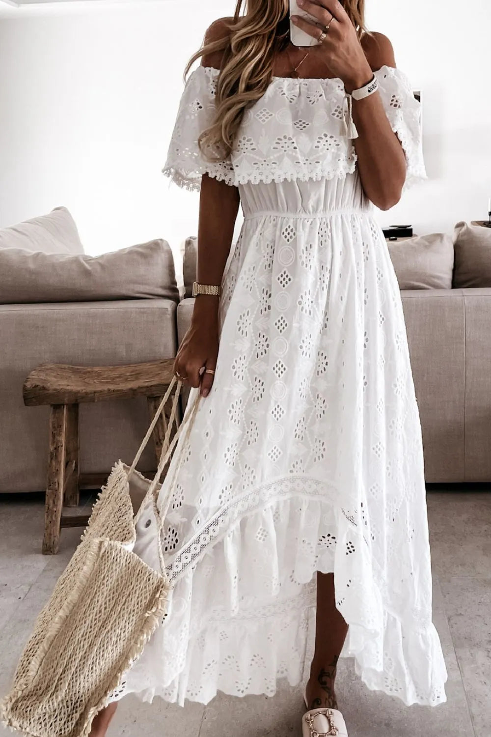 White lace off-shoulder high-low dress for women -7