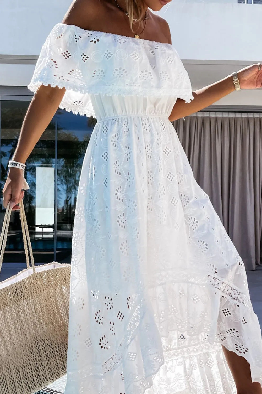White lace off-shoulder high-low dress for women -5