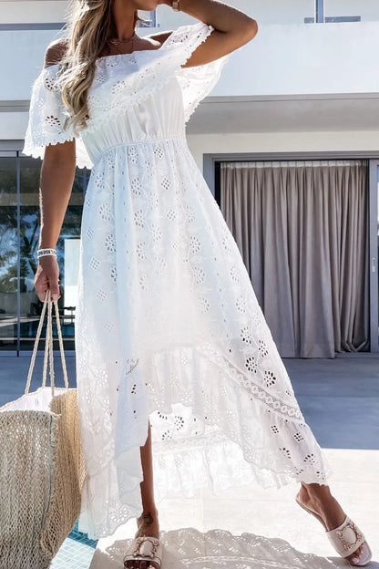 White lace off-shoulder high-low dress for women -2