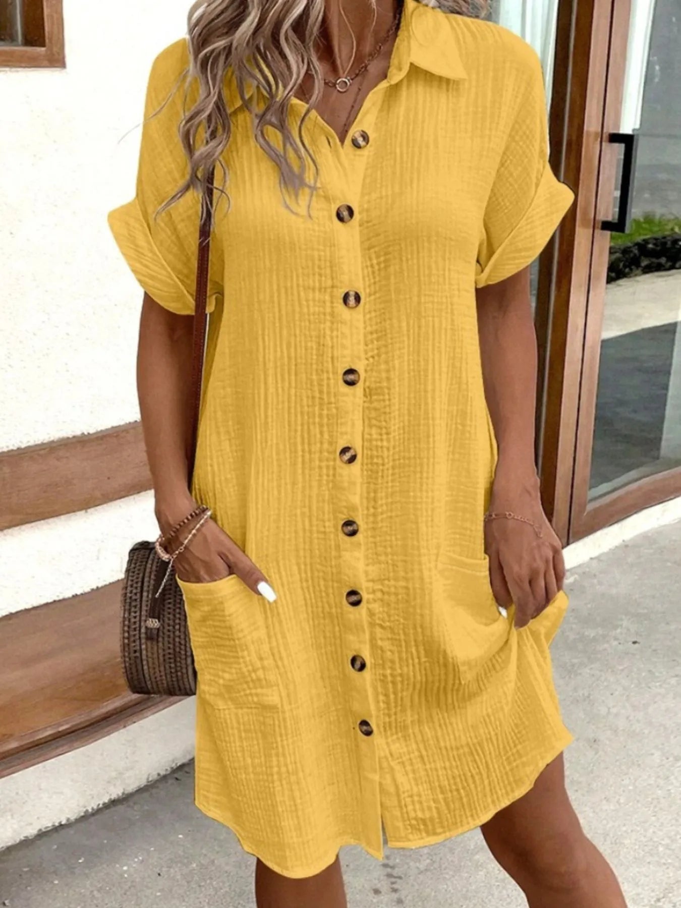 Casual shirt mini dress pockets for women -14