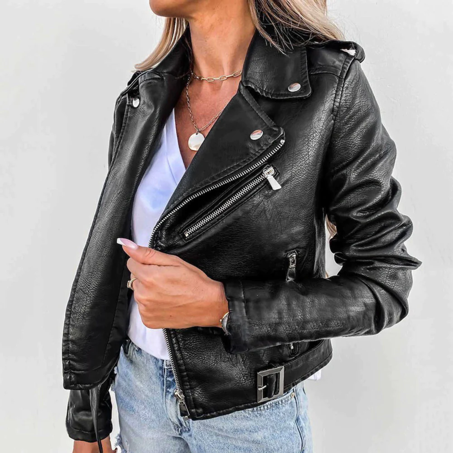 Classic faux leather button-detail everyday jacket for women -3