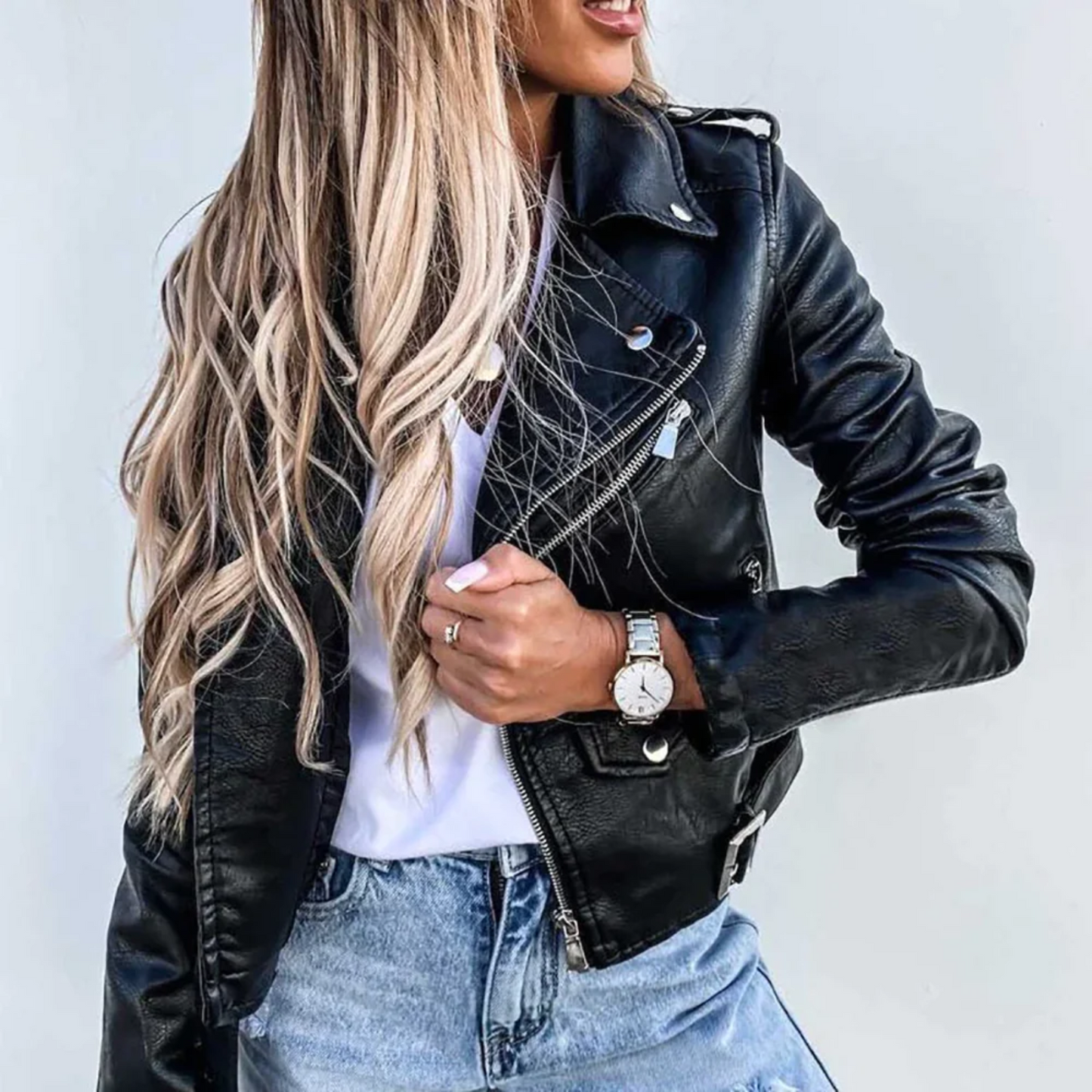 Classic faux leather button-detail everyday jacket for women -4