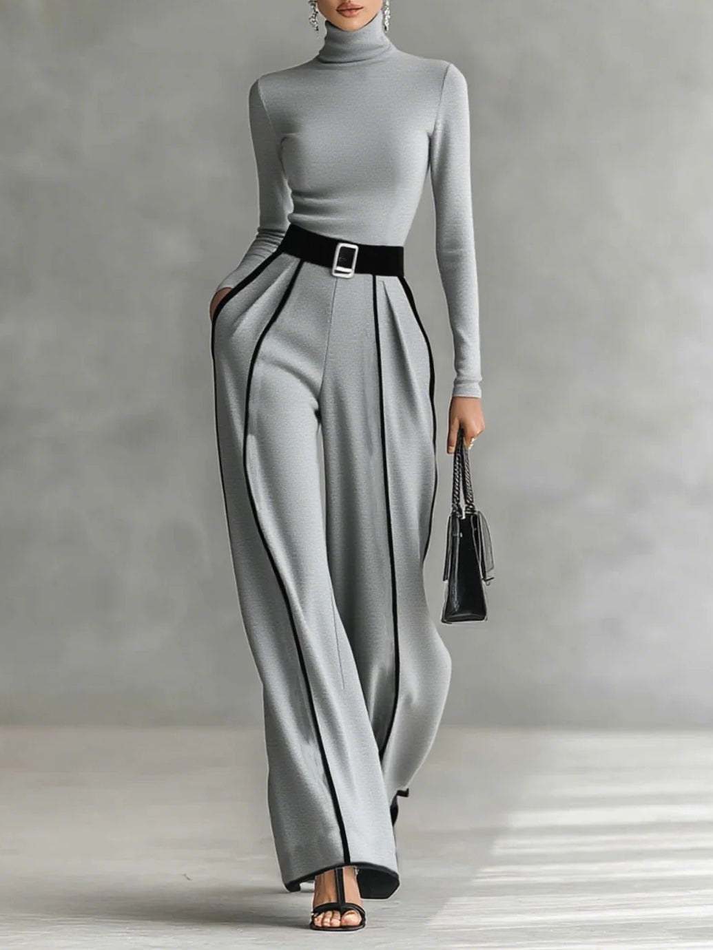White-trim high-neck top wide-leg trousers for women | Selene -5