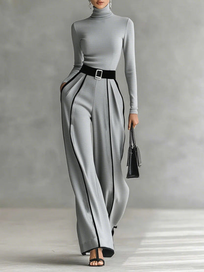 White-trim high-neck top wide-leg trousers for women | Selene -5