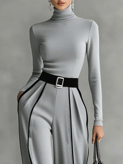 White-trim high-neck top wide-leg trousers for women | Selene -6