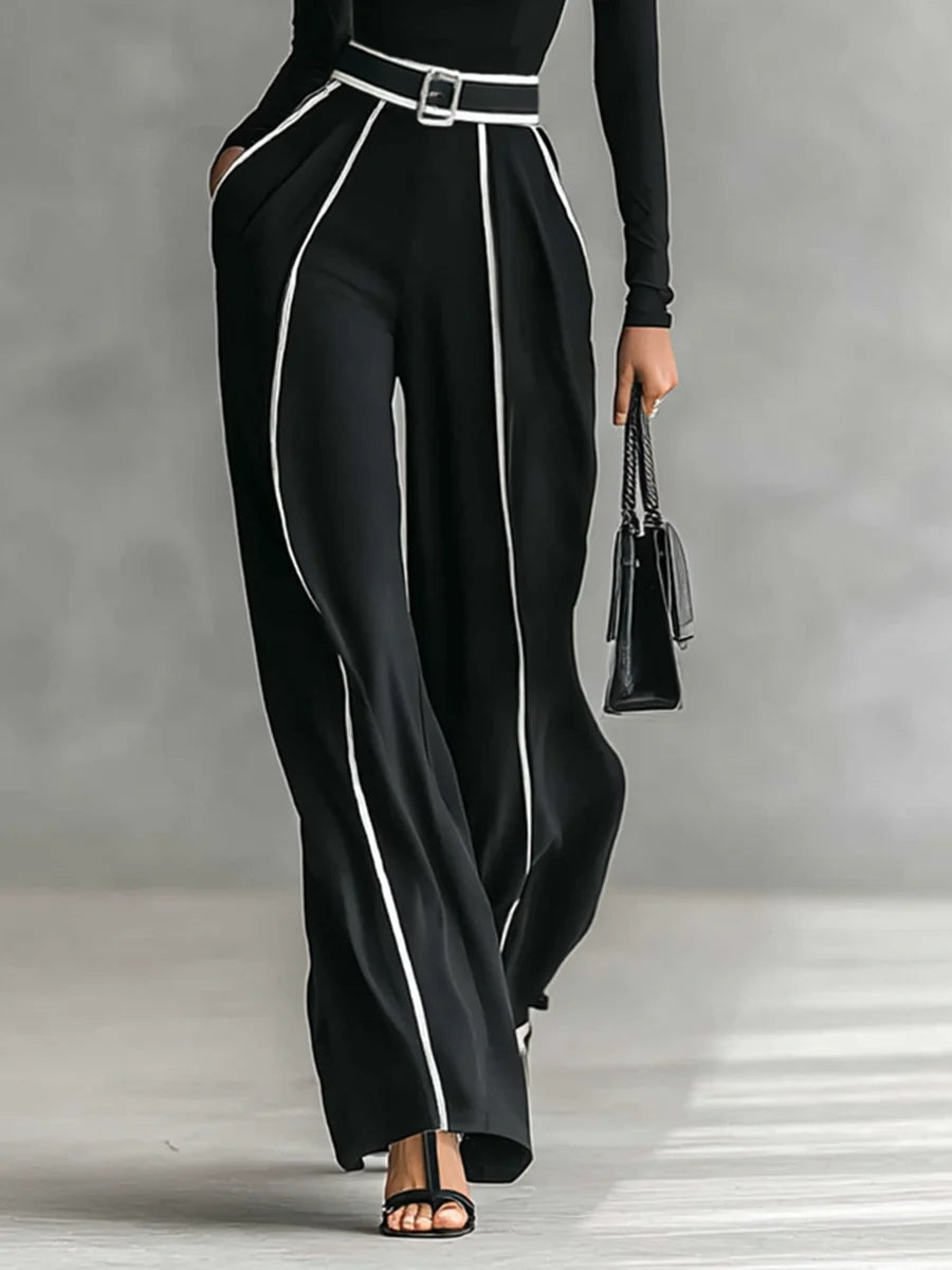 White-trim high-neck top wide-leg trousers for women | Selene -4