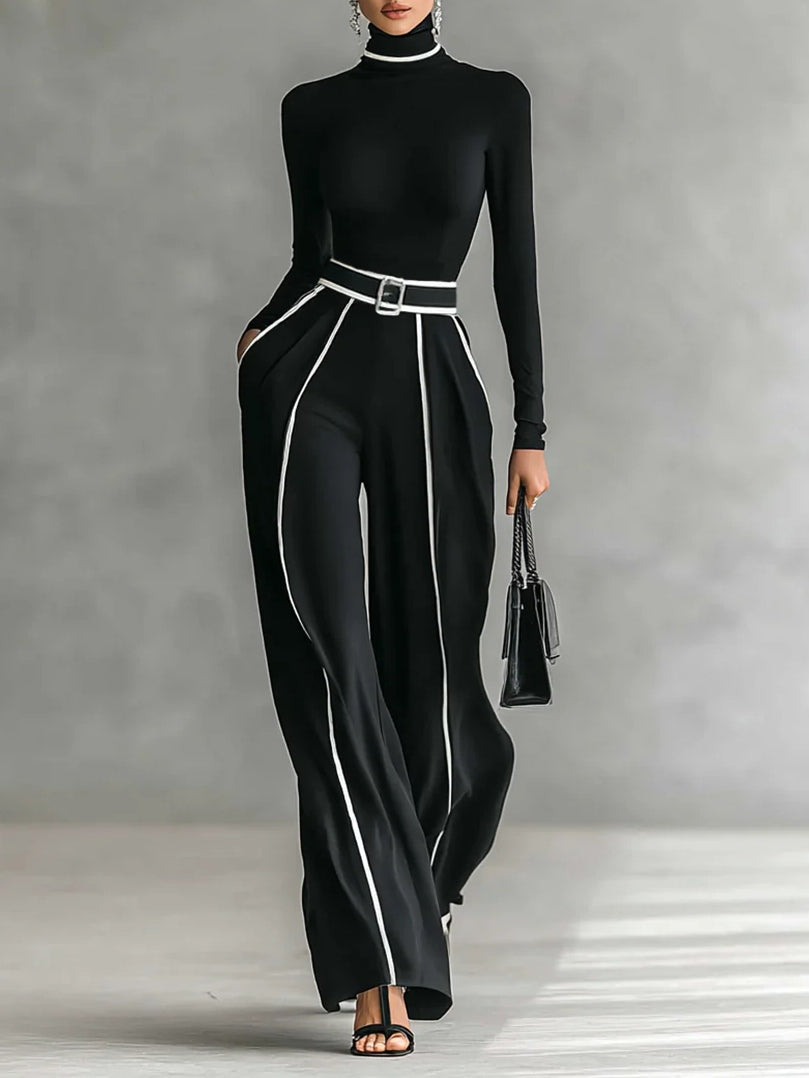 White-trim high-neck top wide-leg trousers for women | Selene -1