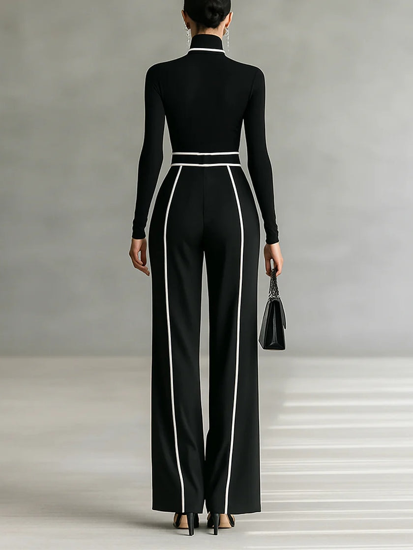 White-trim high-neck top wide-leg trousers for women | Selene -2
