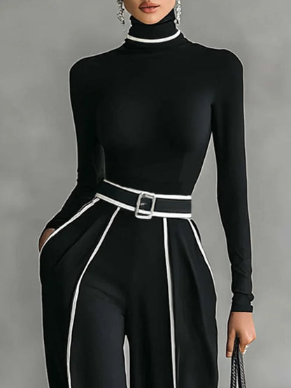 White-trim high-neck top wide-leg trousers for women | Selene -3