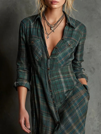 Plaid lapel maxi shirt for women | Celestine -3