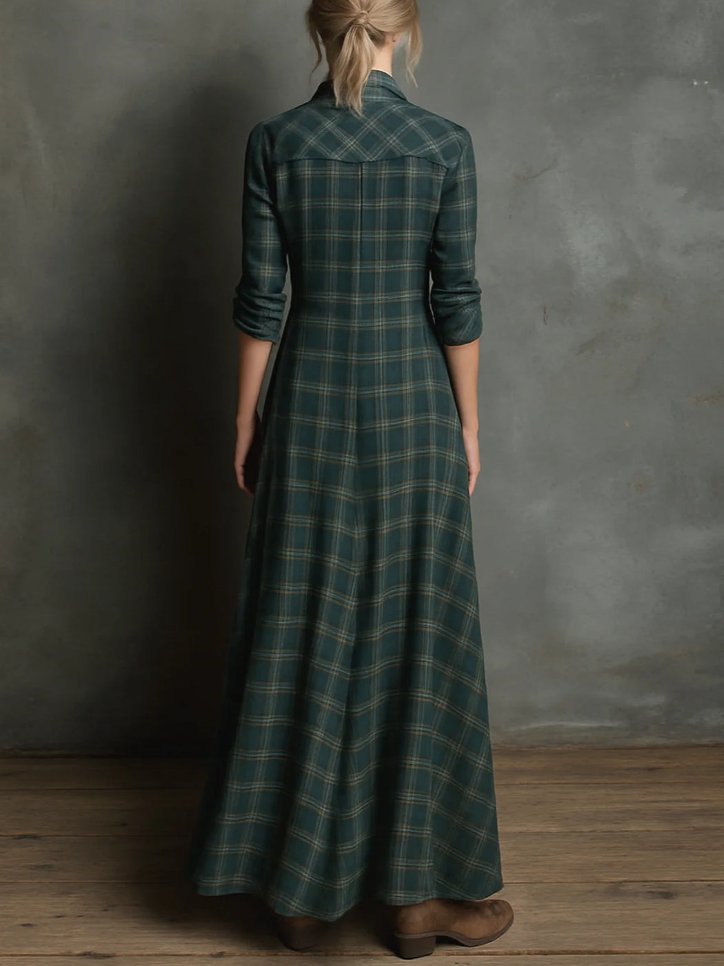 Plaid lapel maxi shirt for women | Celestine -4