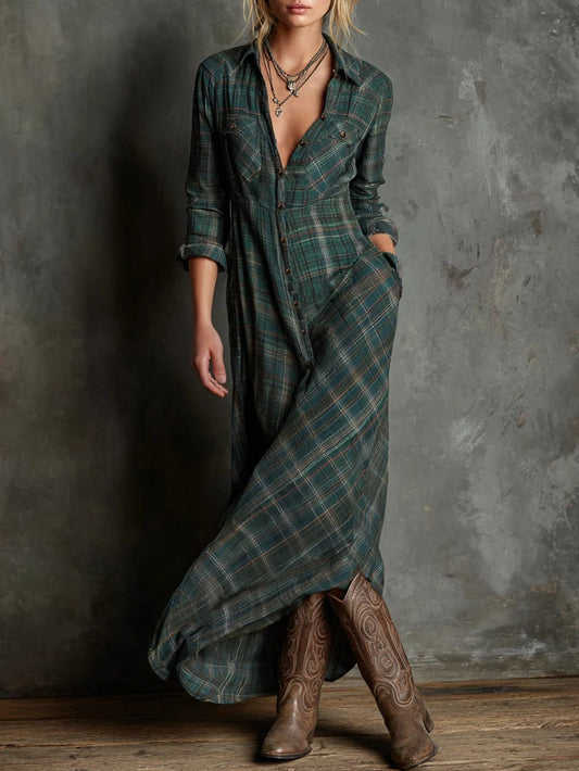Plaid lapel maxi shirt for women | Celestine -1