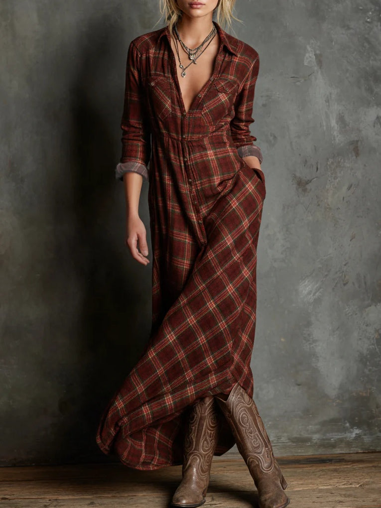 Plaid lapel maxi shirt for women | Celestine -6