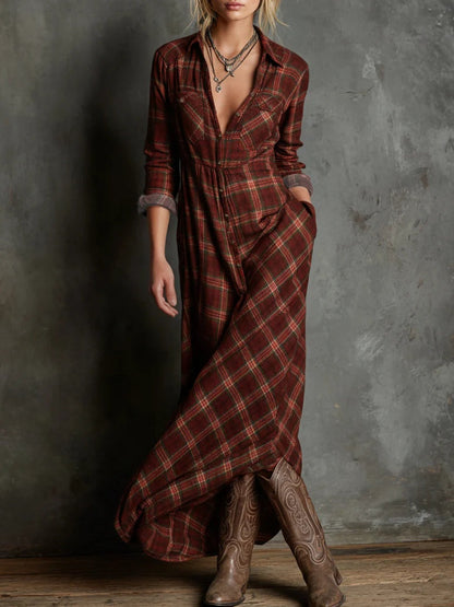 Plaid lapel maxi shirt for women | Celestine -6