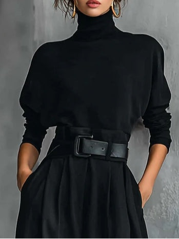 All-black turtleneck two-piece set straight-leg jumper for women | Aurora -3