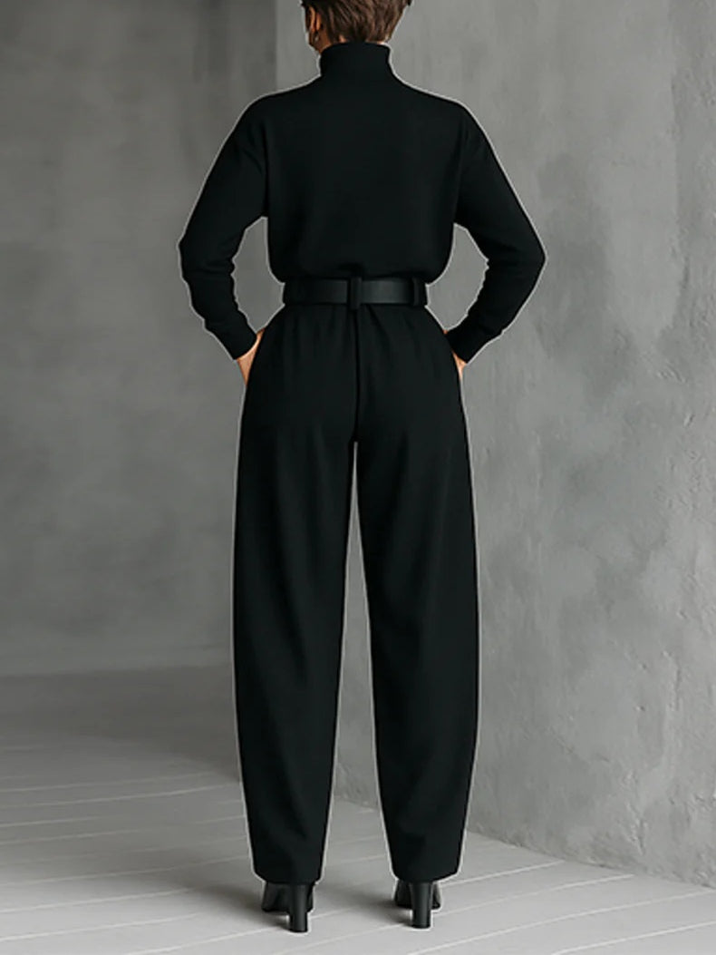 All-black turtleneck two-piece set straight-leg jumper for women | Aurora -2