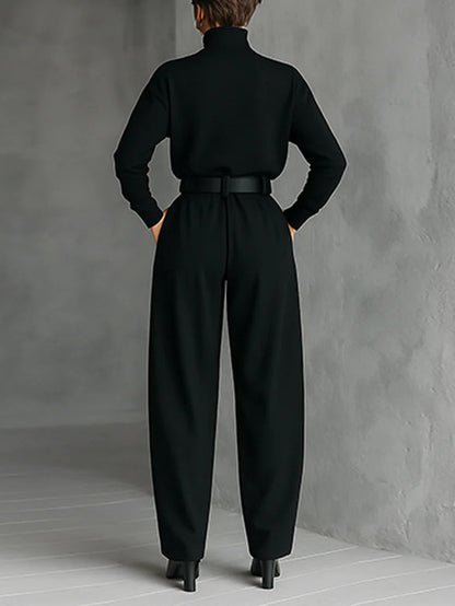 All-black turtleneck two-piece set straight-leg jumper for women | Aurora -2