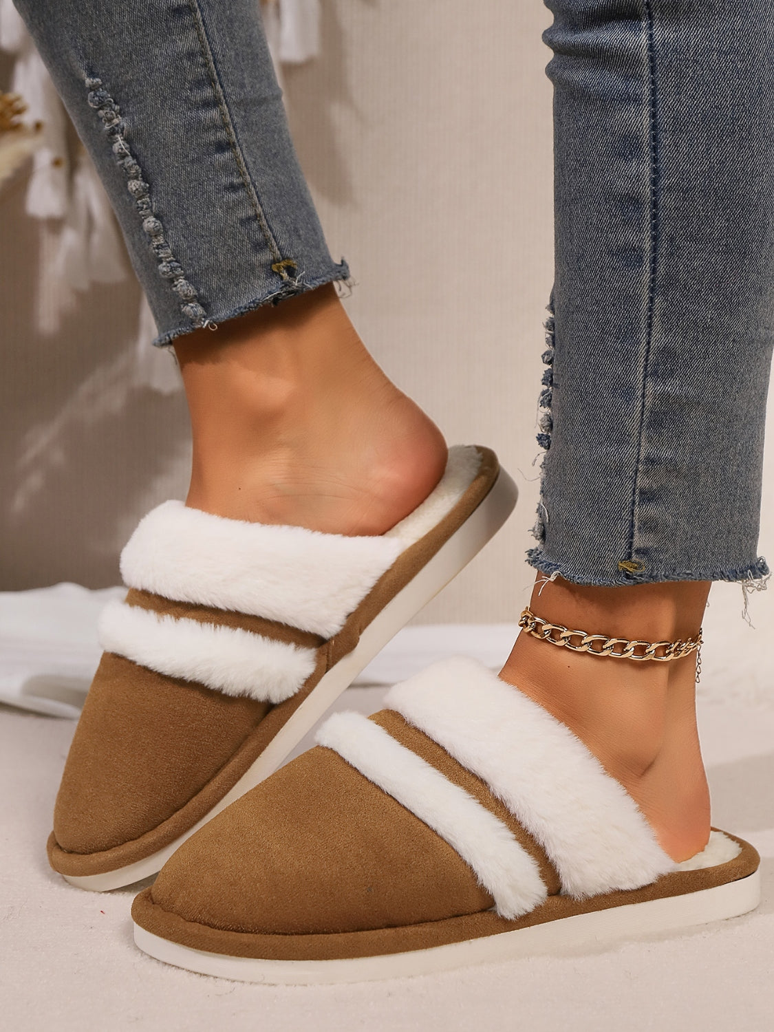 Slippers rond fausse fourrure contrast for women -13