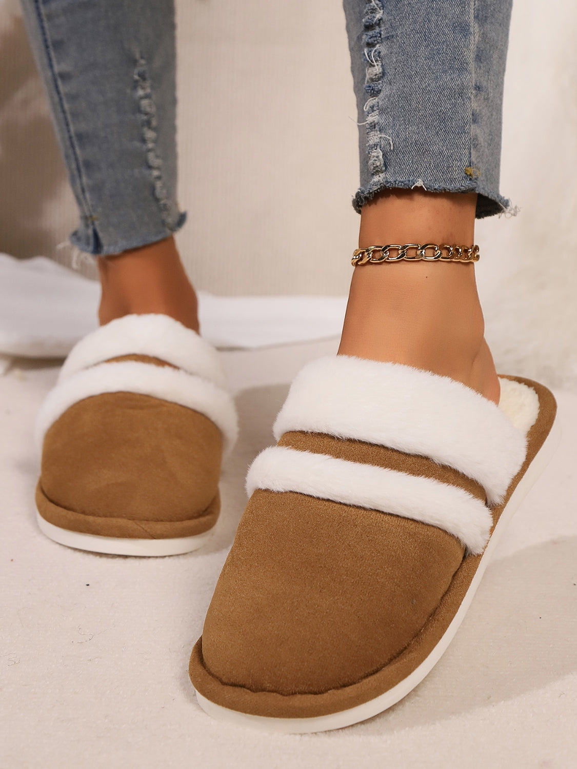 Slippers rond fausse fourrure contrast for women -14