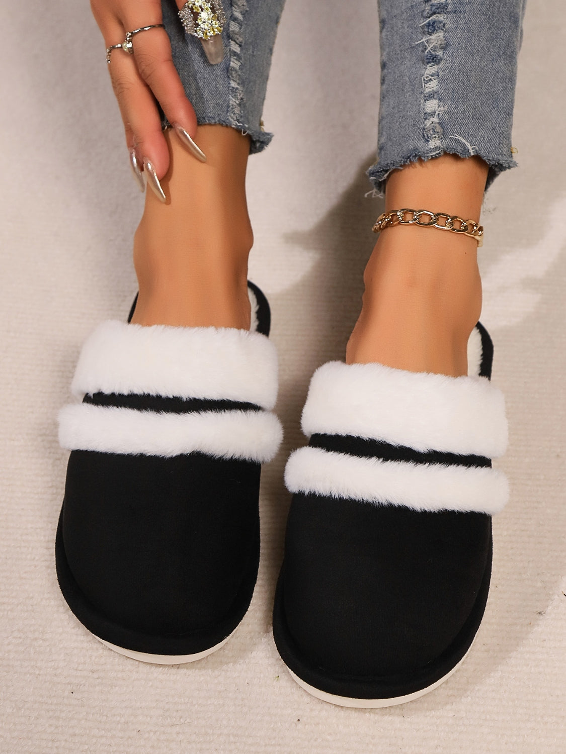 Slippers rond fausse fourrure contrast for women -22