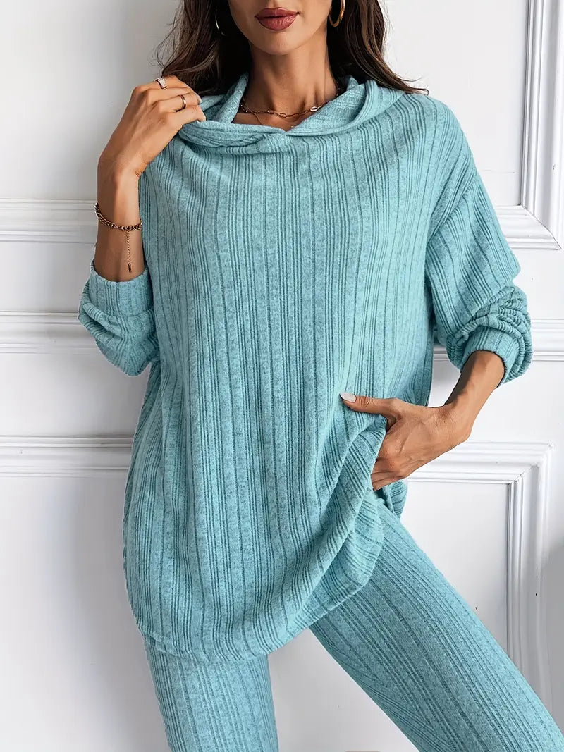Ribbed knit lounge set oversized hoodie for women | Lyra -4