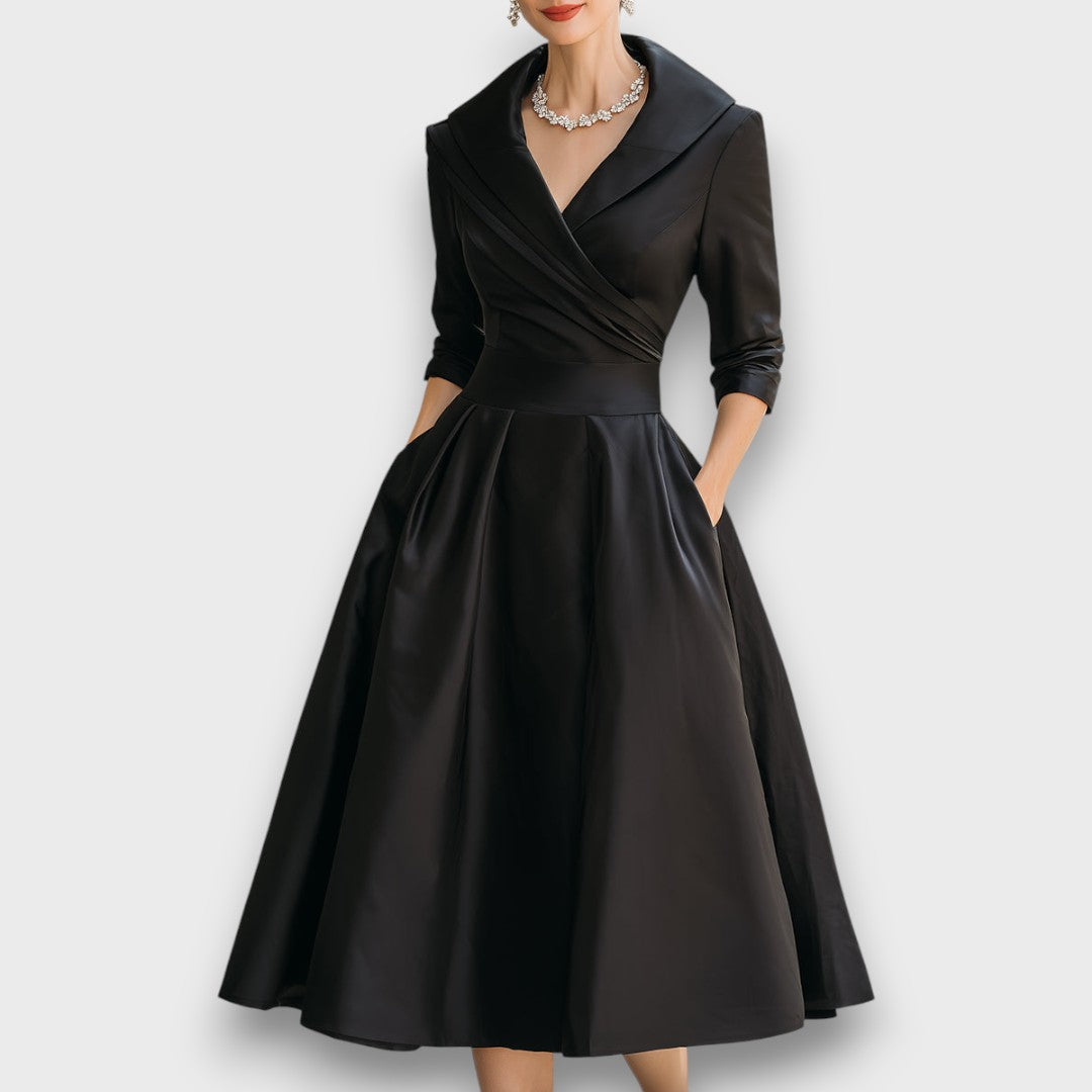 Refined wrap-neck midi dress for women | Elara -1