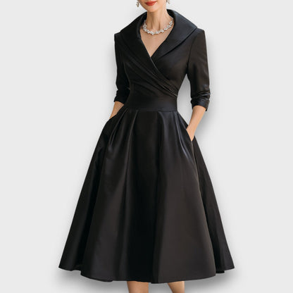 Refined wrap-neck midi dress for women | Elara -1