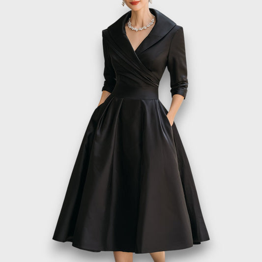 Refined wrap-neck midi dress for women | Elara -1