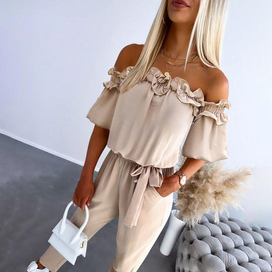 Chic off-shoulder frill tie-waist jumpsuit for women | Camila -1
