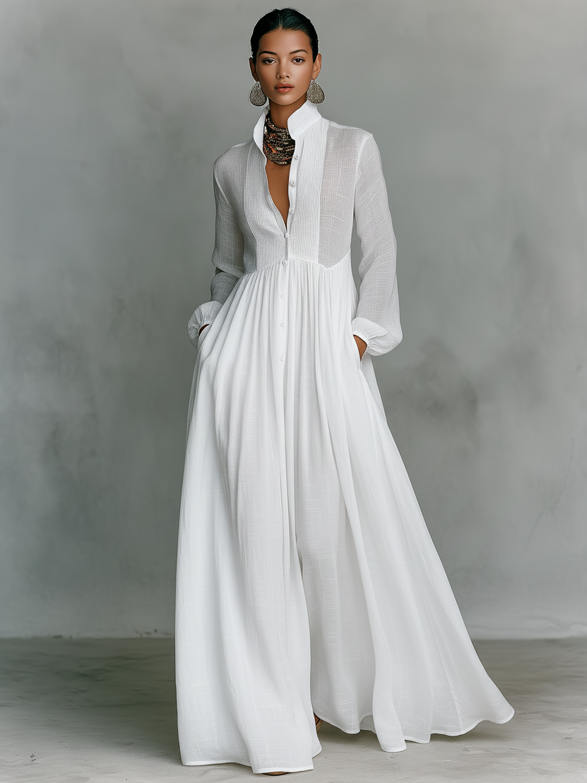 Minimalist stand-collar patchwork maxi dress for women | Aveline -4