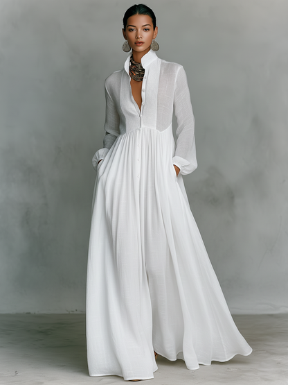Minimalist stand-collar patchwork maxi dress for women | Aveline -4