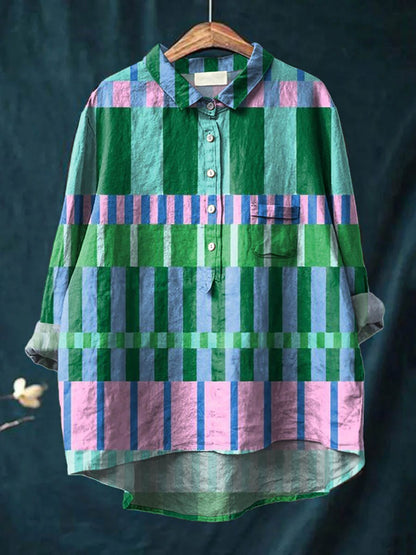 Geometric button-up blouse with collared neckline for women | Amber