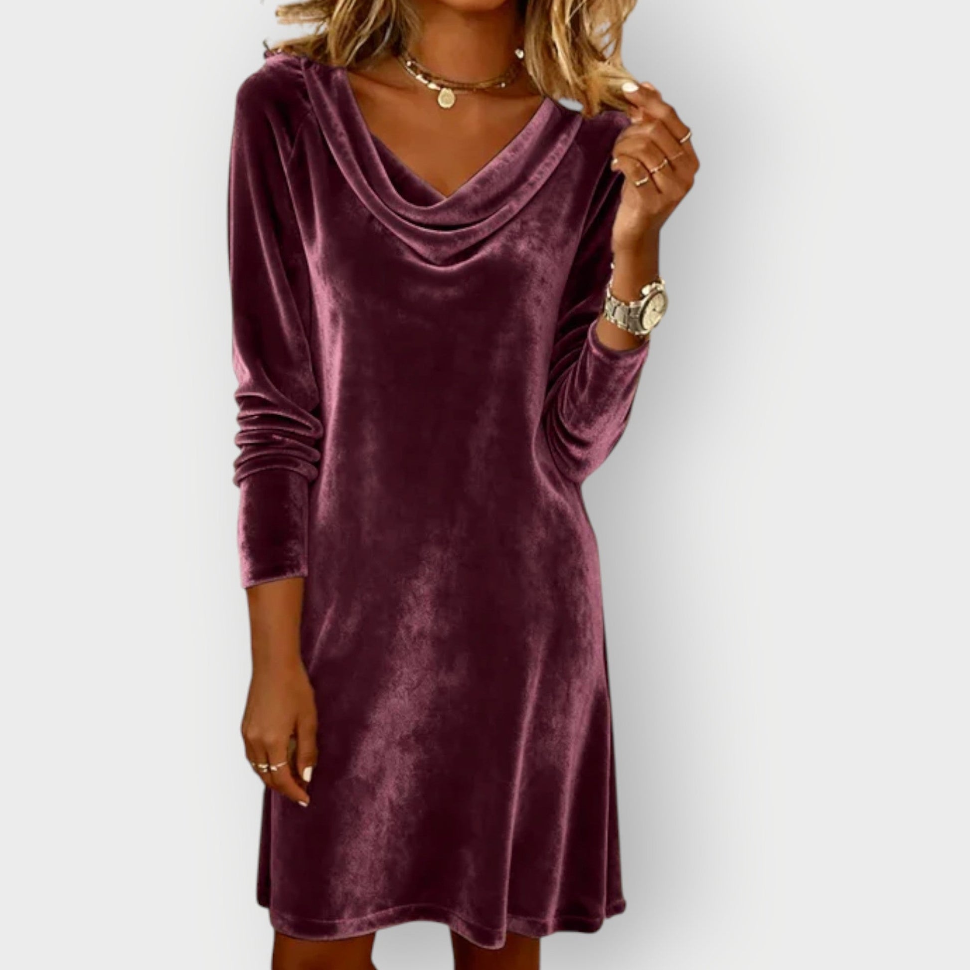 Draped neck velvet evening dress for women | Selina -19
