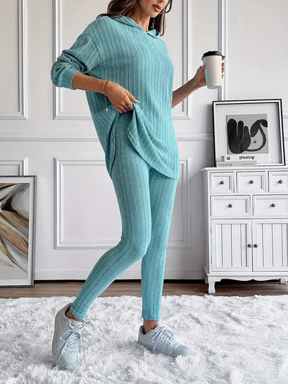 Ribbed knit lounge set oversized hoodie for women | Lyra -2